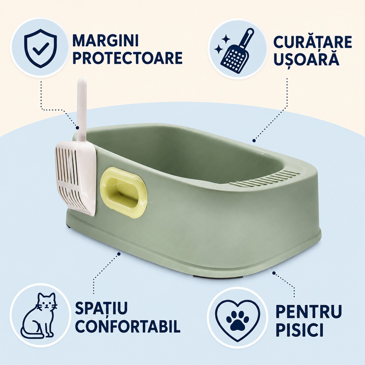 Litieră Deschisă pentru Pisici cu Margine Înaltă și Lopățică, Verde – imagine 3