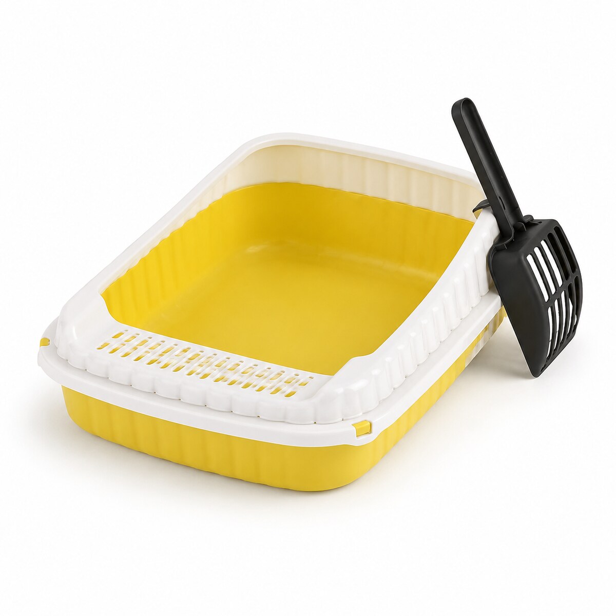 Litieră pentru Pisici cu Grătar și Margine Înaltă, Galben-Alb – imagine 1