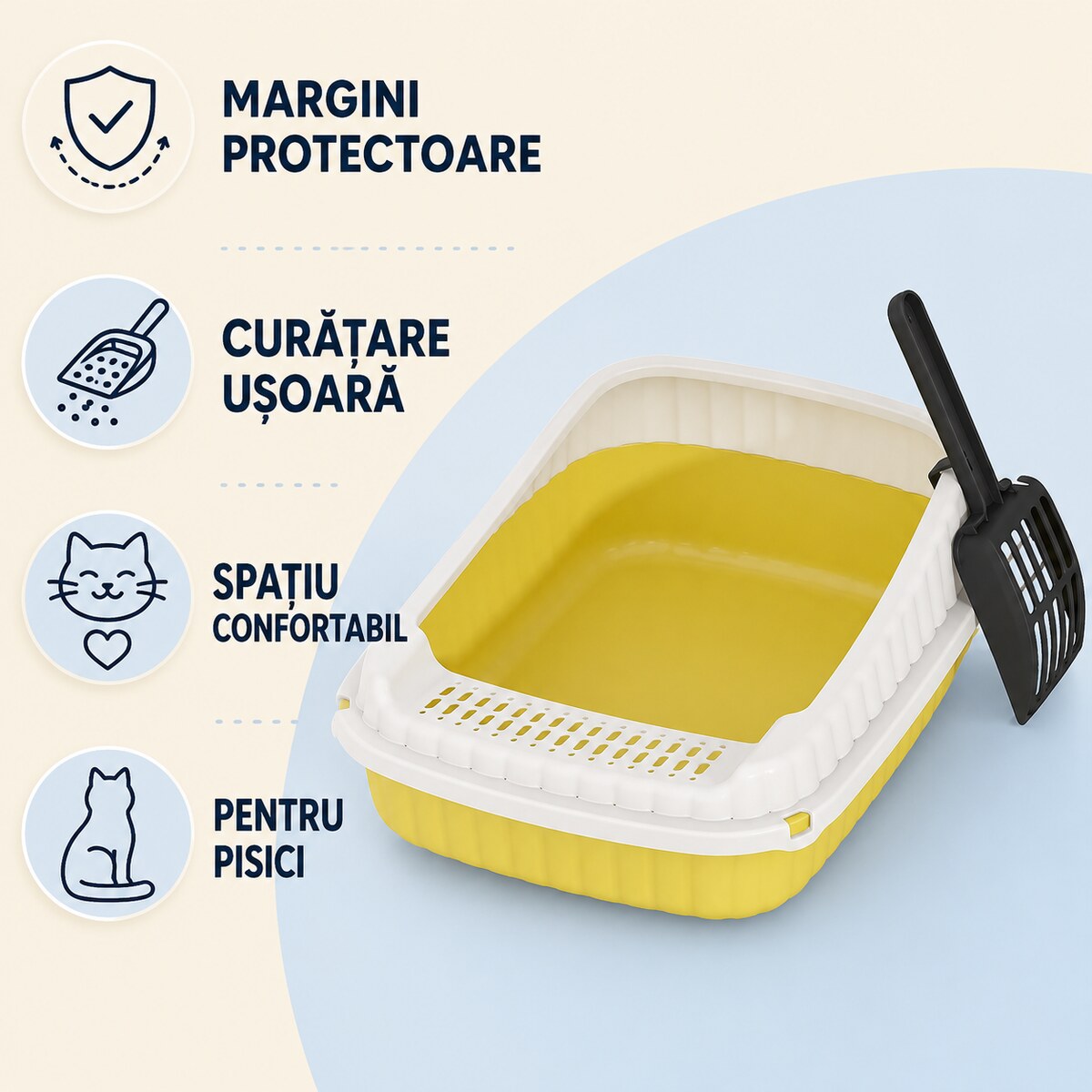 Litieră pentru Pisici cu Grătar și Margine Înaltă, Galben-Alb – imagine 3