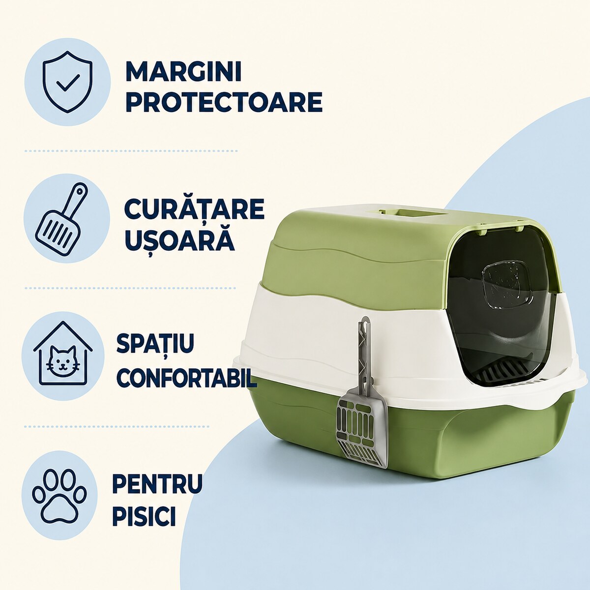 Litieră Acoperită pentru Pisici cu Ușă și Lopățică, 48x34x31 cm, Verde – imagine 3