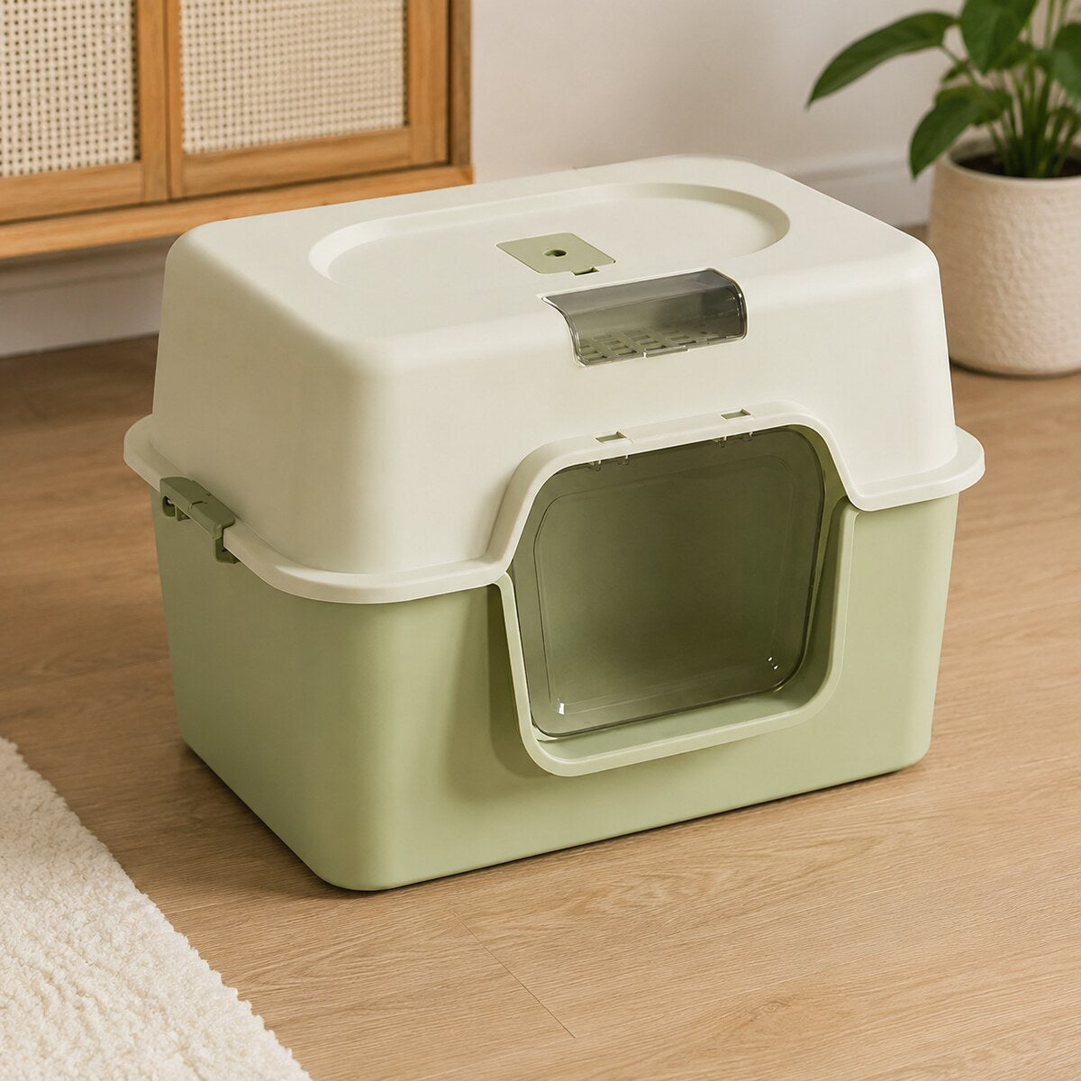 Litieră Acoperită pentru Pisici cu Filtru și Lopățică, 51x35,5x35 cm, Verde – imagine 2