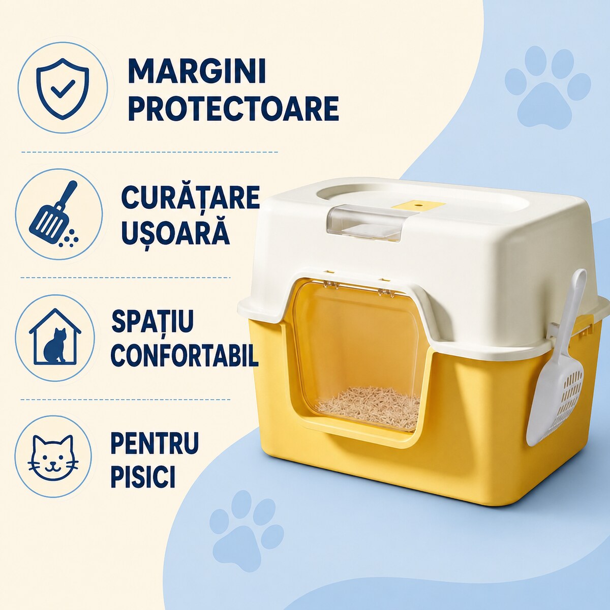 Litieră Acoperită pentru Pisici cu Ușă și Lopățică, 52x35,5x35 cm, Galben – imagine 3