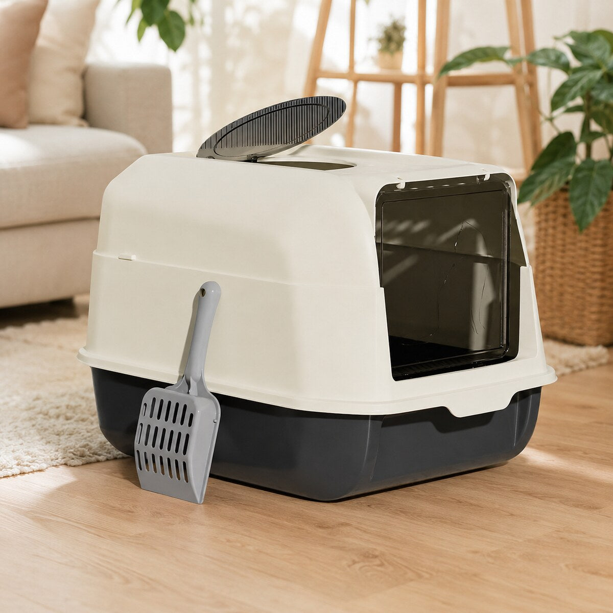 Litieră Acoperită pentru Pisici cu Filtru și Lopățică, 51x36x34 cm, Gri – imagine 2