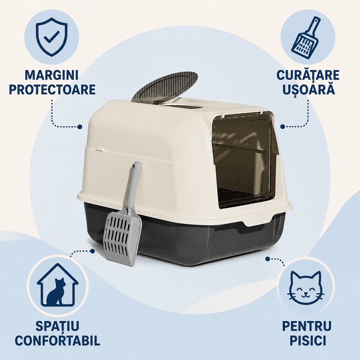 Litieră Acoperită pentru Pisici cu Filtru și Lopățică, 51x36x34 cm, Gri – imagine 3