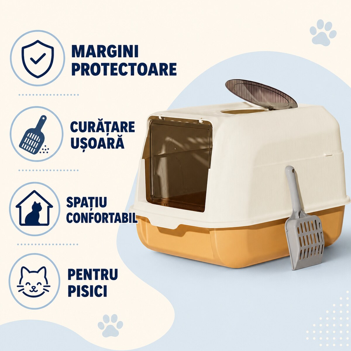 Litieră Acoperită pentru Pisici cu Ușă și Lopățică, 51x36x34 cm, Bej – imagine 3
