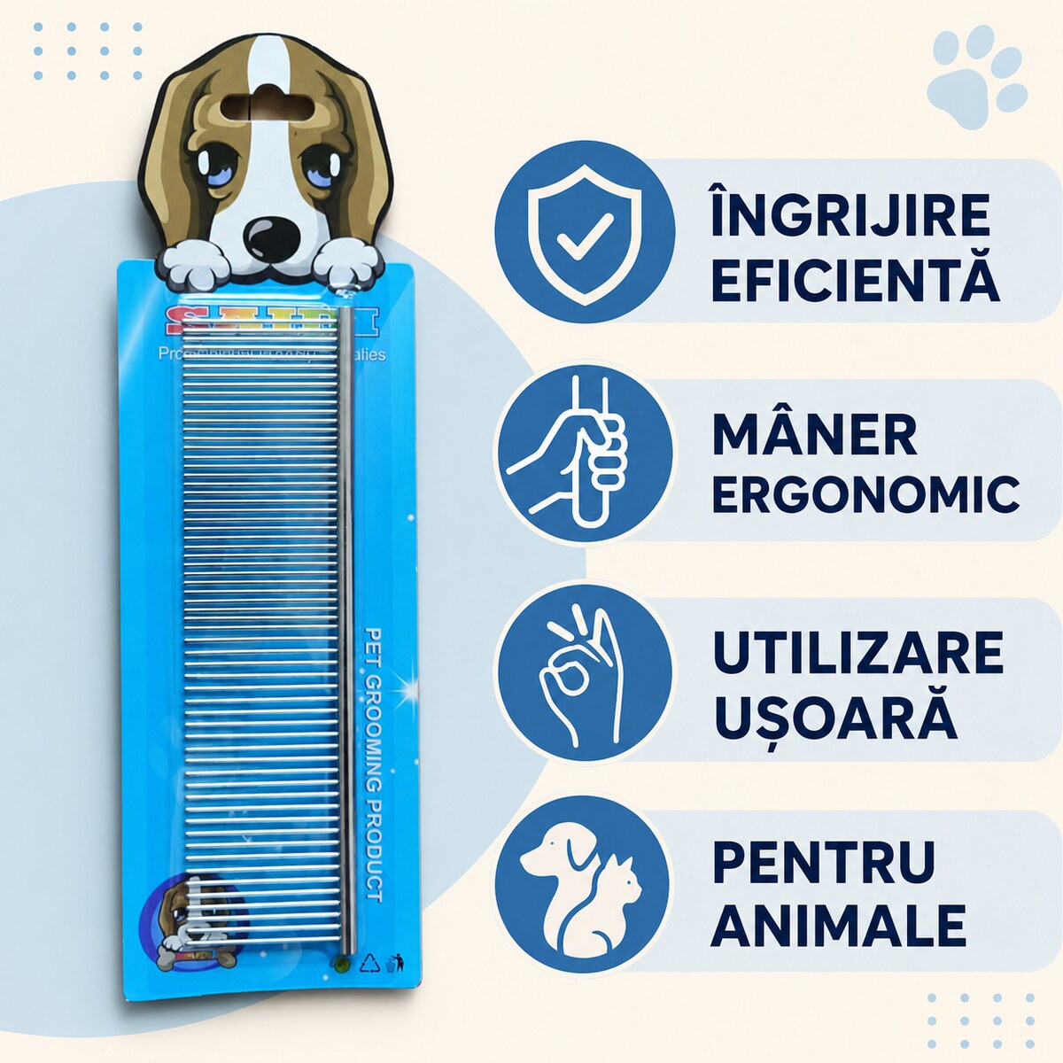 Pieptene Metalic pentru Câini și Pisici, Mâner Antiderapant, Albastru – imagine 3