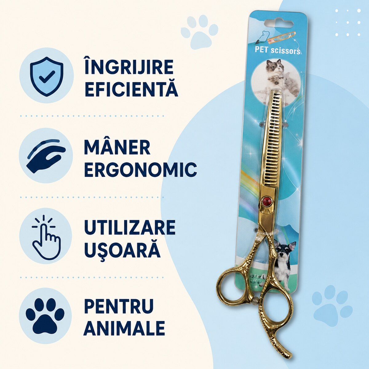 Foarfecă Profesională Dreaptă Aurie pentru Tuns Animale – imagine 3