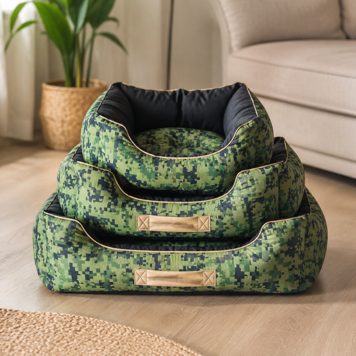Set 3 Paturi Căptușite pentru Câini și Pisici, Model Camuflaj Verde – imagine 2