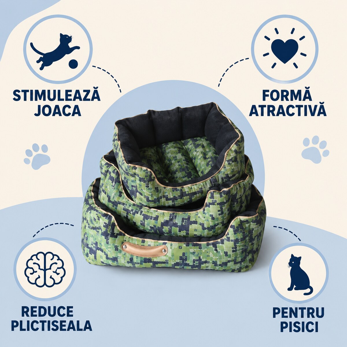 Set 3 Paturi Căptușite pentru Câini și Pisici, Model Camuflaj Verde – imagine 3