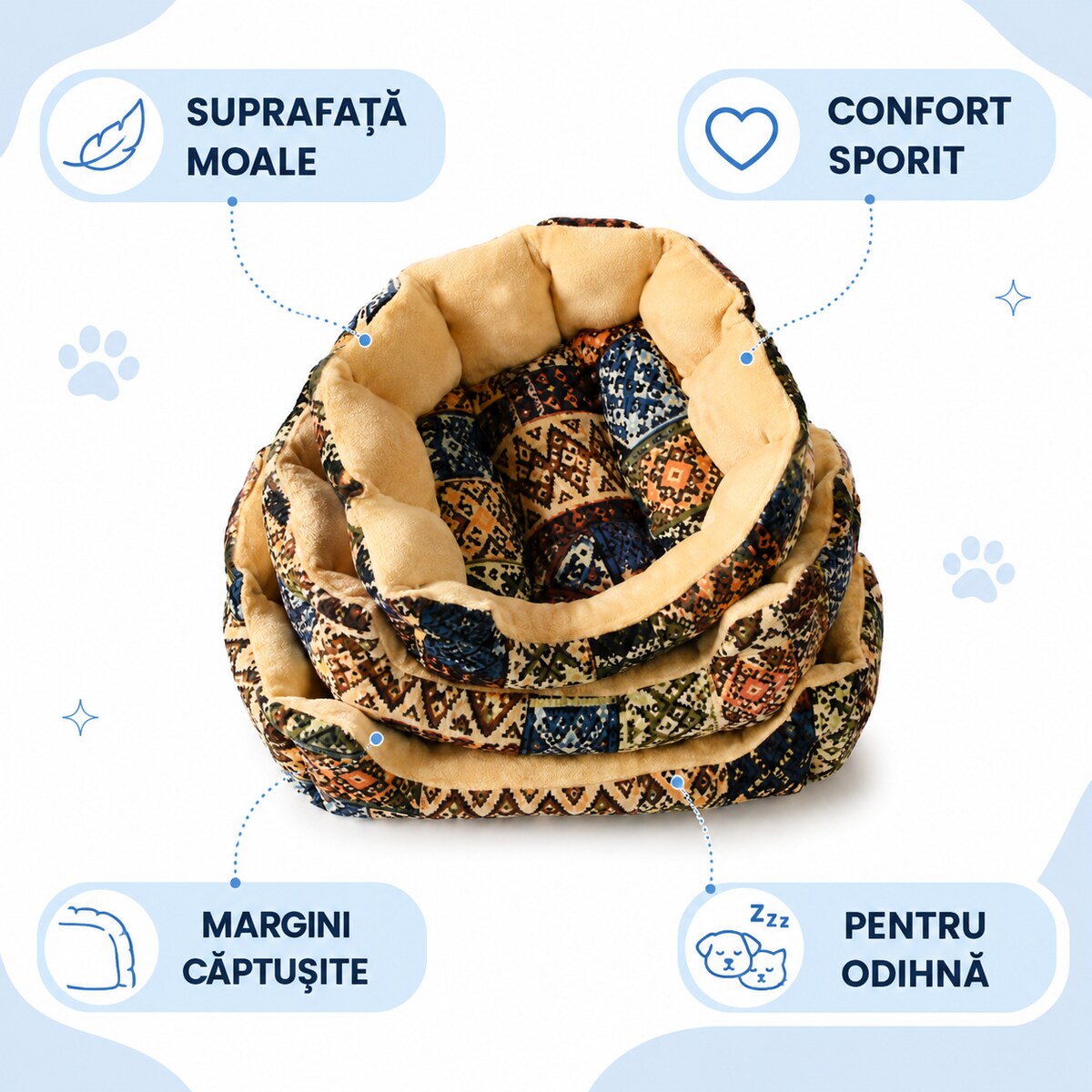 Set 3 Paturi Căptușite pentru Câini și Pisici, Model Etnic – imagine 3