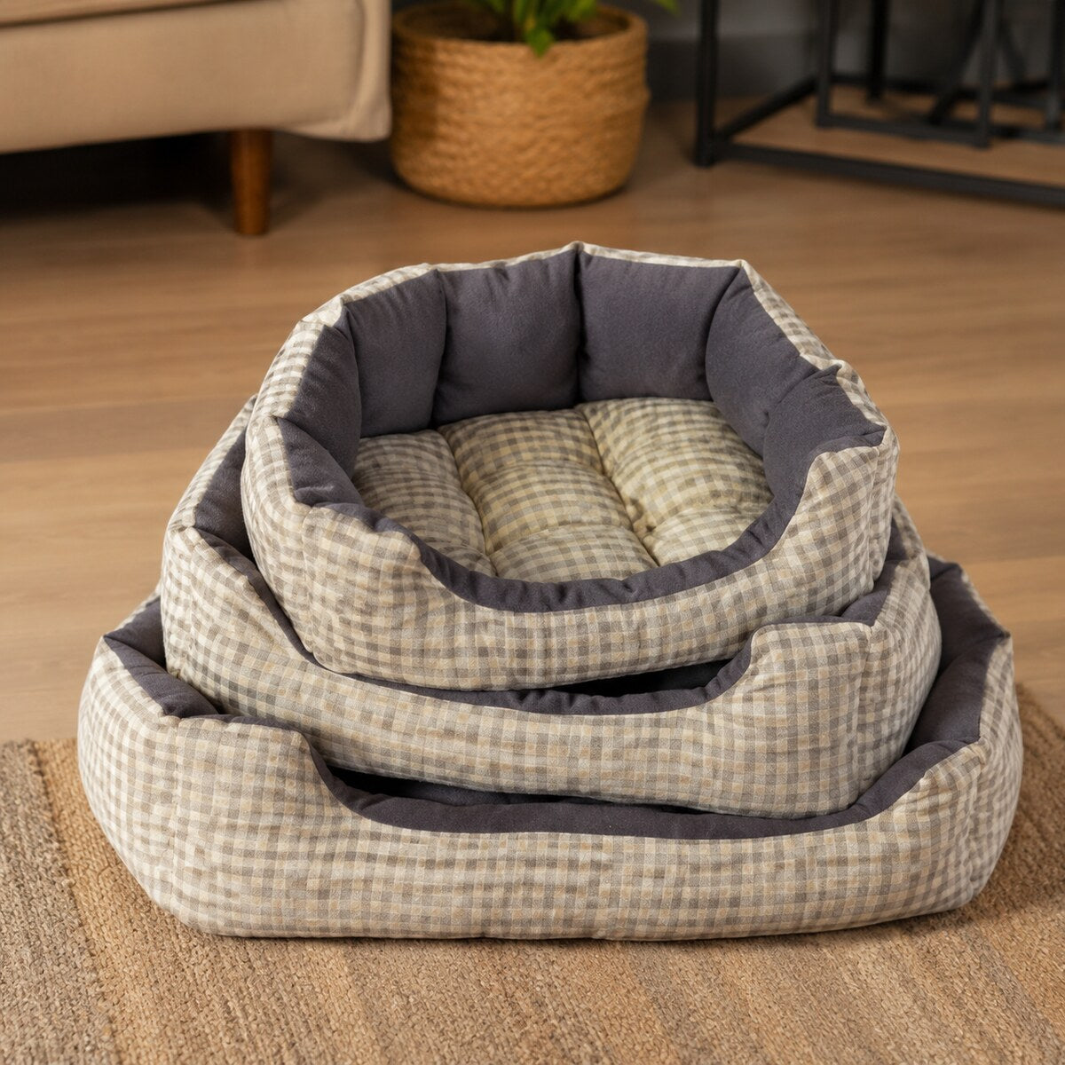 Set 3 Paturi Căptușite pentru Câini și Pisici, Model Carouri Gri – imagine 2