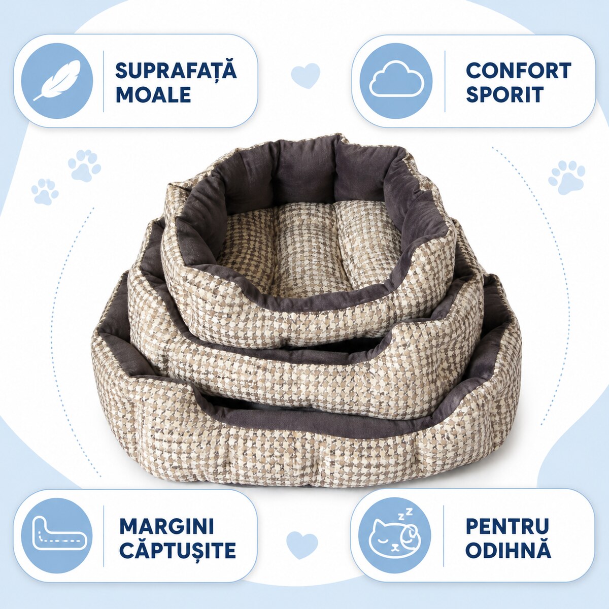 Set 3 Paturi Căptușite pentru Câini și Pisici, Model Carouri Gri – imagine 3