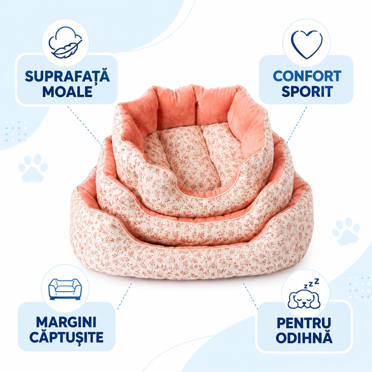Set 3 Paturi Căptușite pentru Câini și Pisici, Model Floral Roz – imagine 3