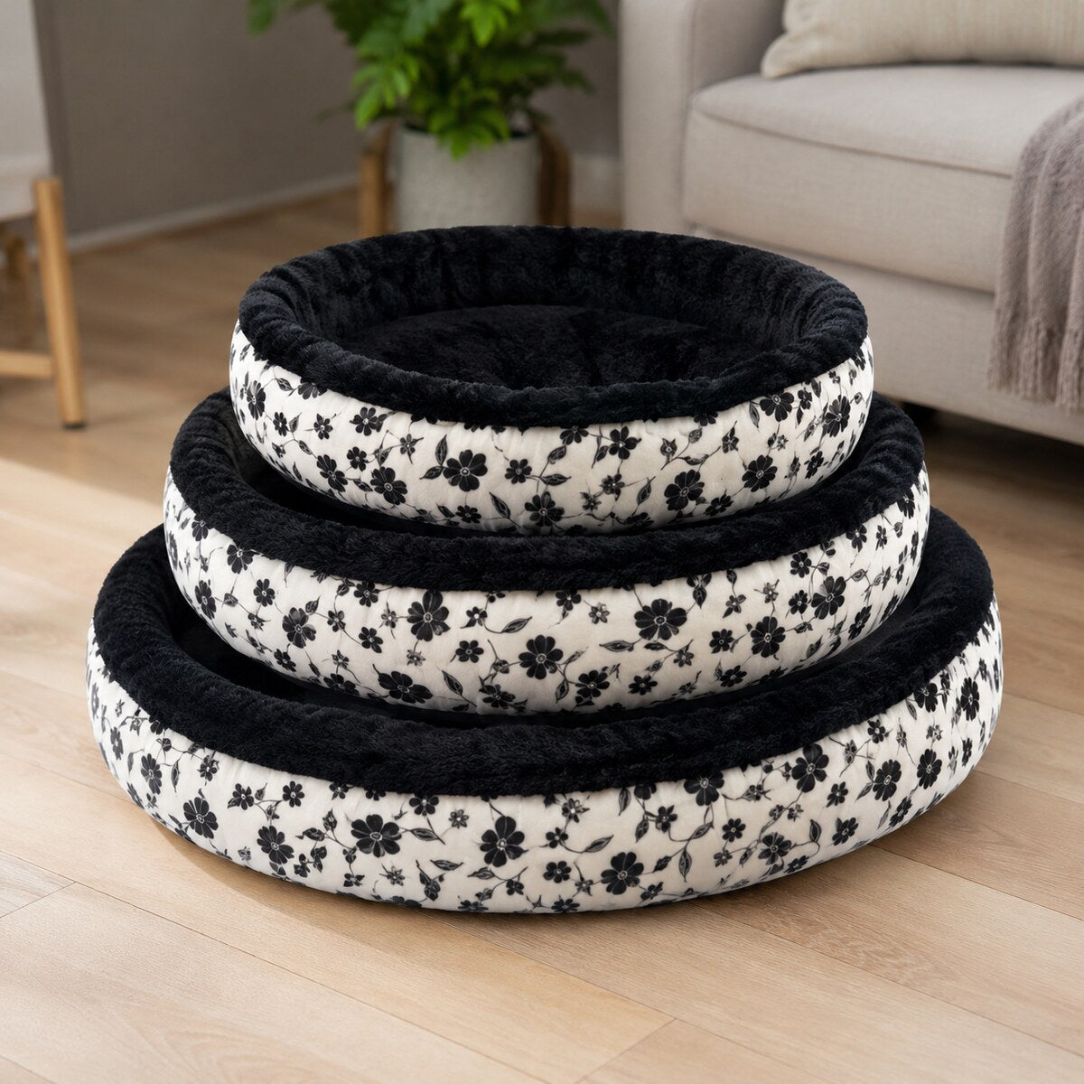 Set 3 Paturi Căptușite pentru Animale, Model Floral Alb-Negru – imagine 2
