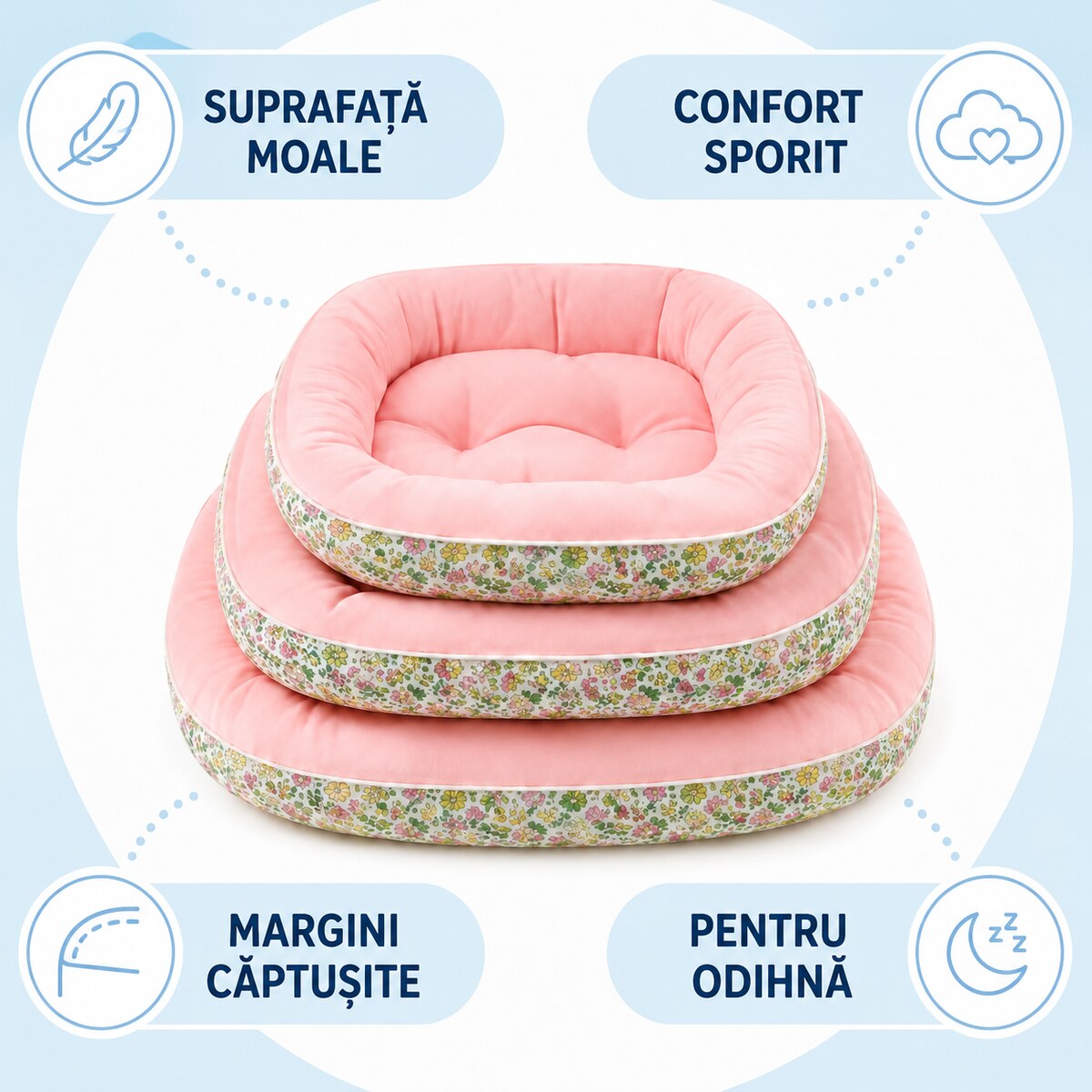 Set 3 Paturi Căptușite pentru Animale, Roz cu Model Floral – imagine 3