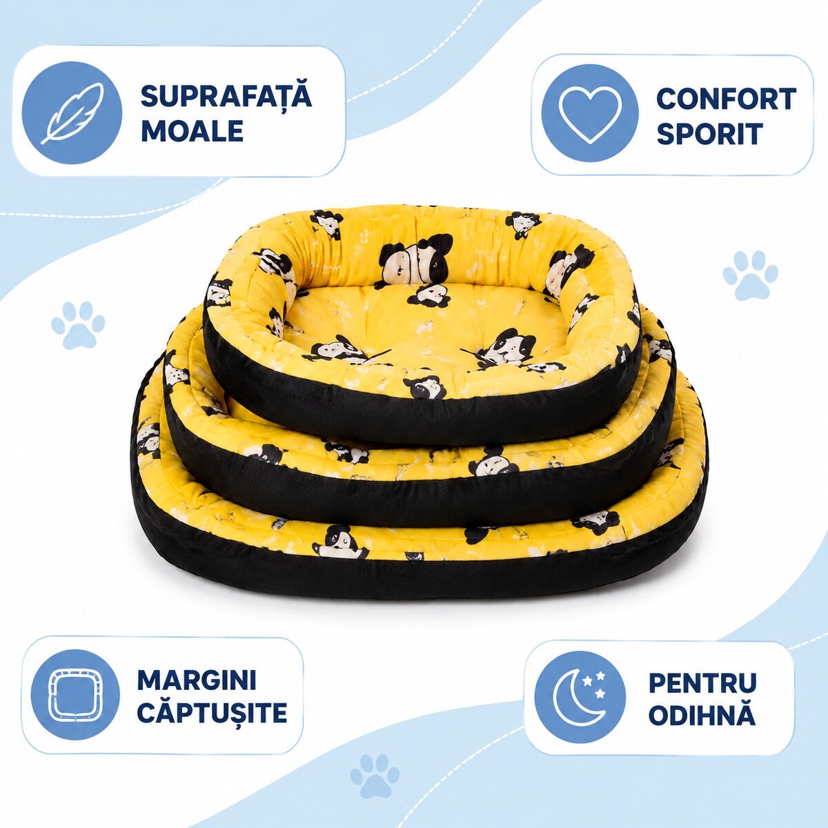 Set 3 Paturi Căptușite pentru Animale, Galben cu Imprimeu – imagine 3