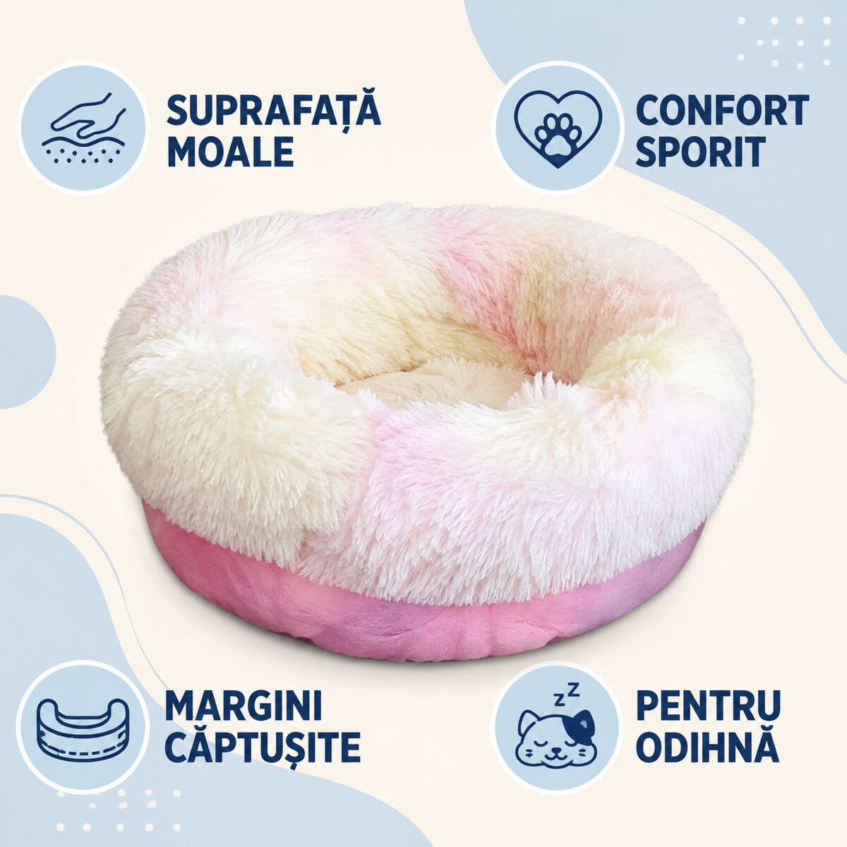 Pat Rotund Pufos pentru Câini și Pisici, Roz-Alb – imagine 3