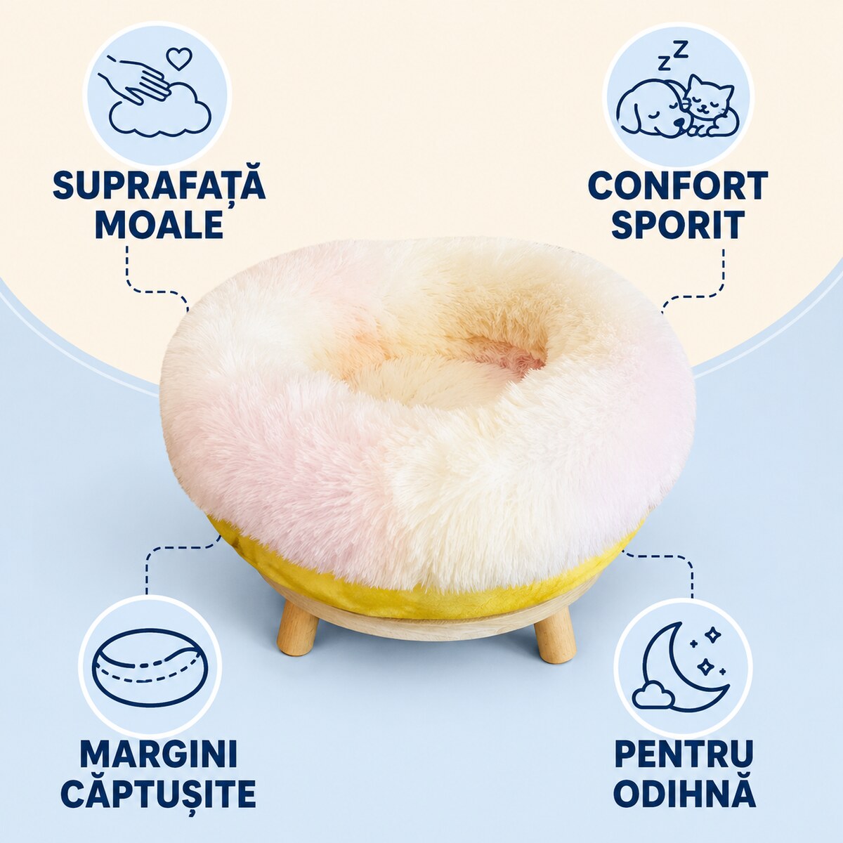 Pat Rotund Pufos pentru Câini și Pisici, Galben-Alb – imagine 3