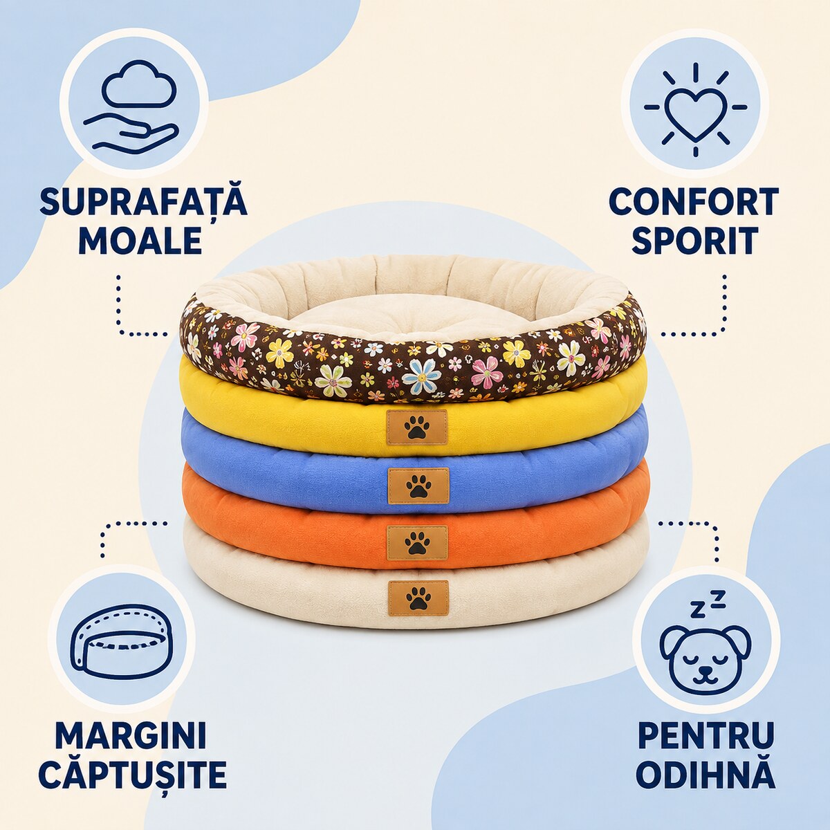 Pat Rotund Căptușit pentru Câini și Pisici, Culori Asortate – imagine 3