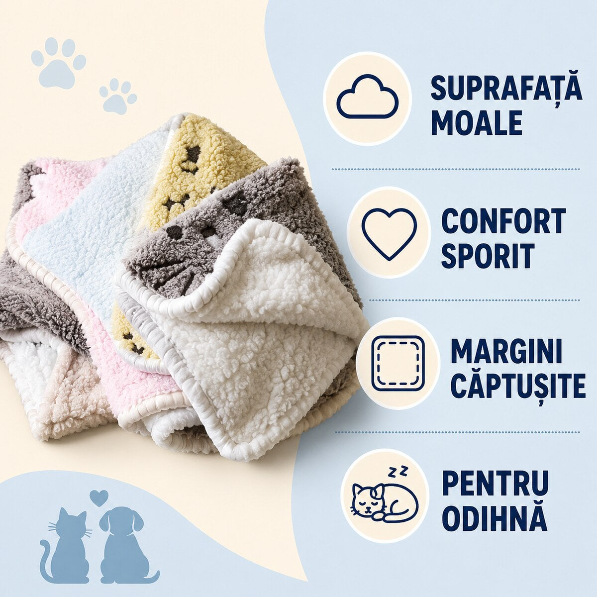 Păturică Moale pentru Pisici și Câini Mici, Model Pisicuță – imagine 3
