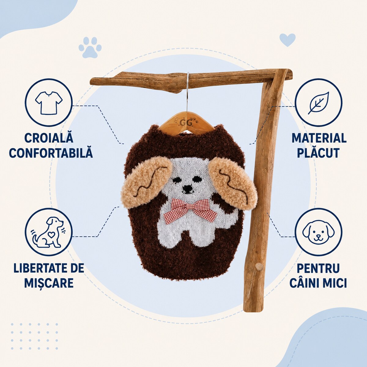 Pulover Tricotat pentru Câini Mici, Model Cățeluș 3D, Maro – imagine 3