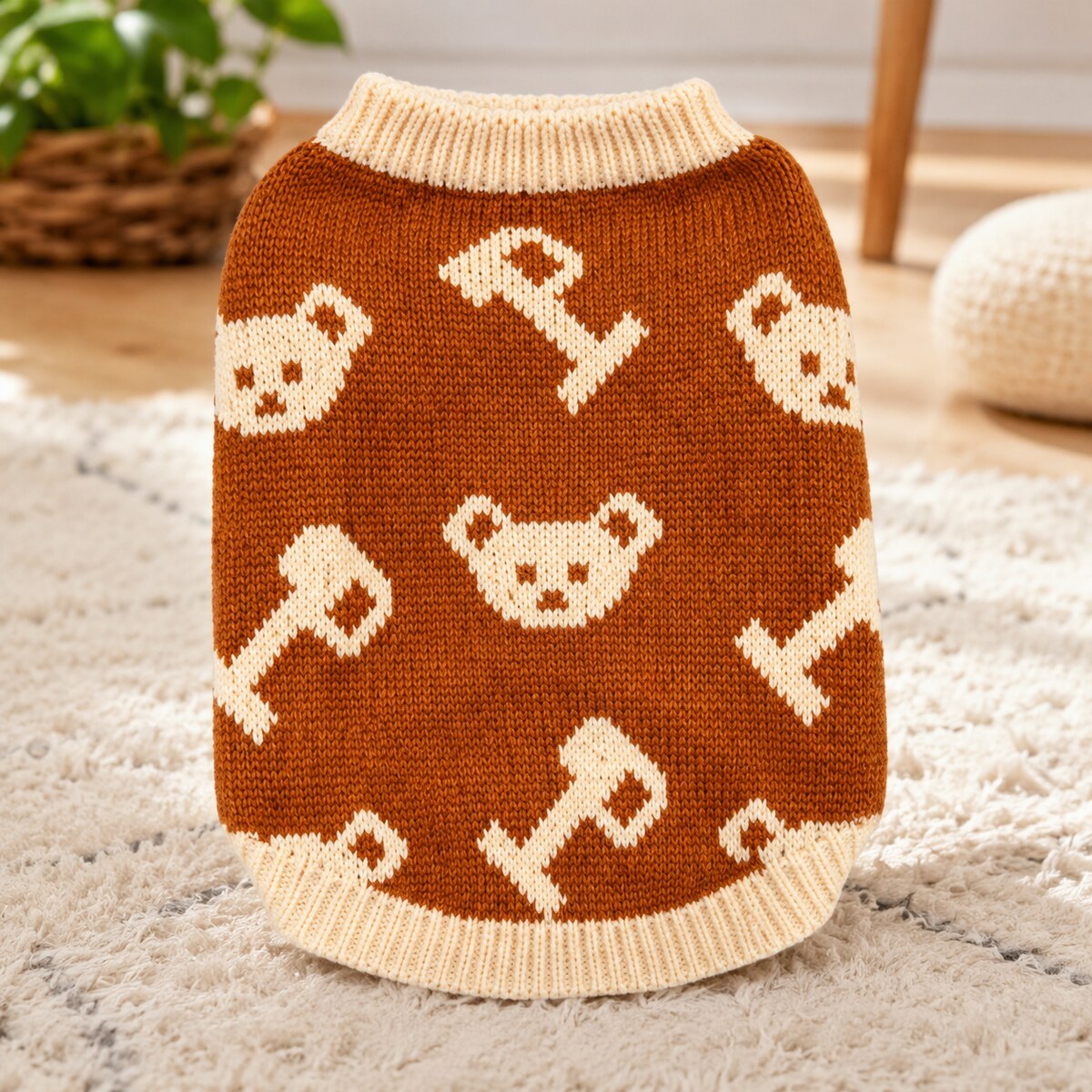 Pulover Tricotat pentru Câini Mici, Model Ursuleți, Maro – imagine 2