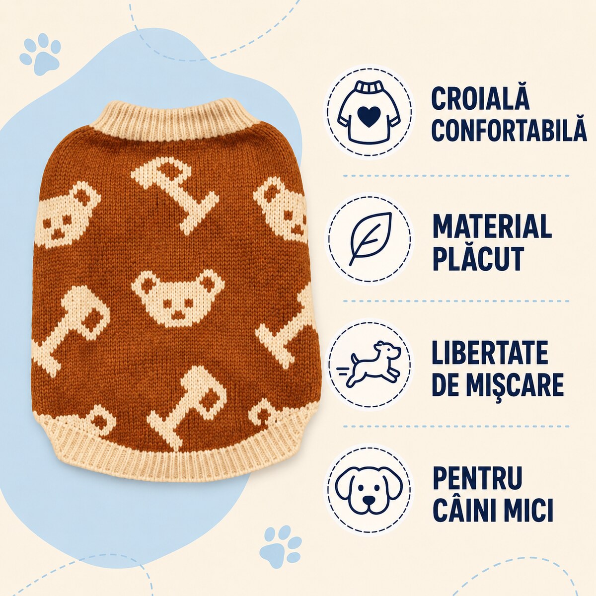 Pulover Tricotat pentru Câini Mici, Model Ursuleți, Maro – imagine 3