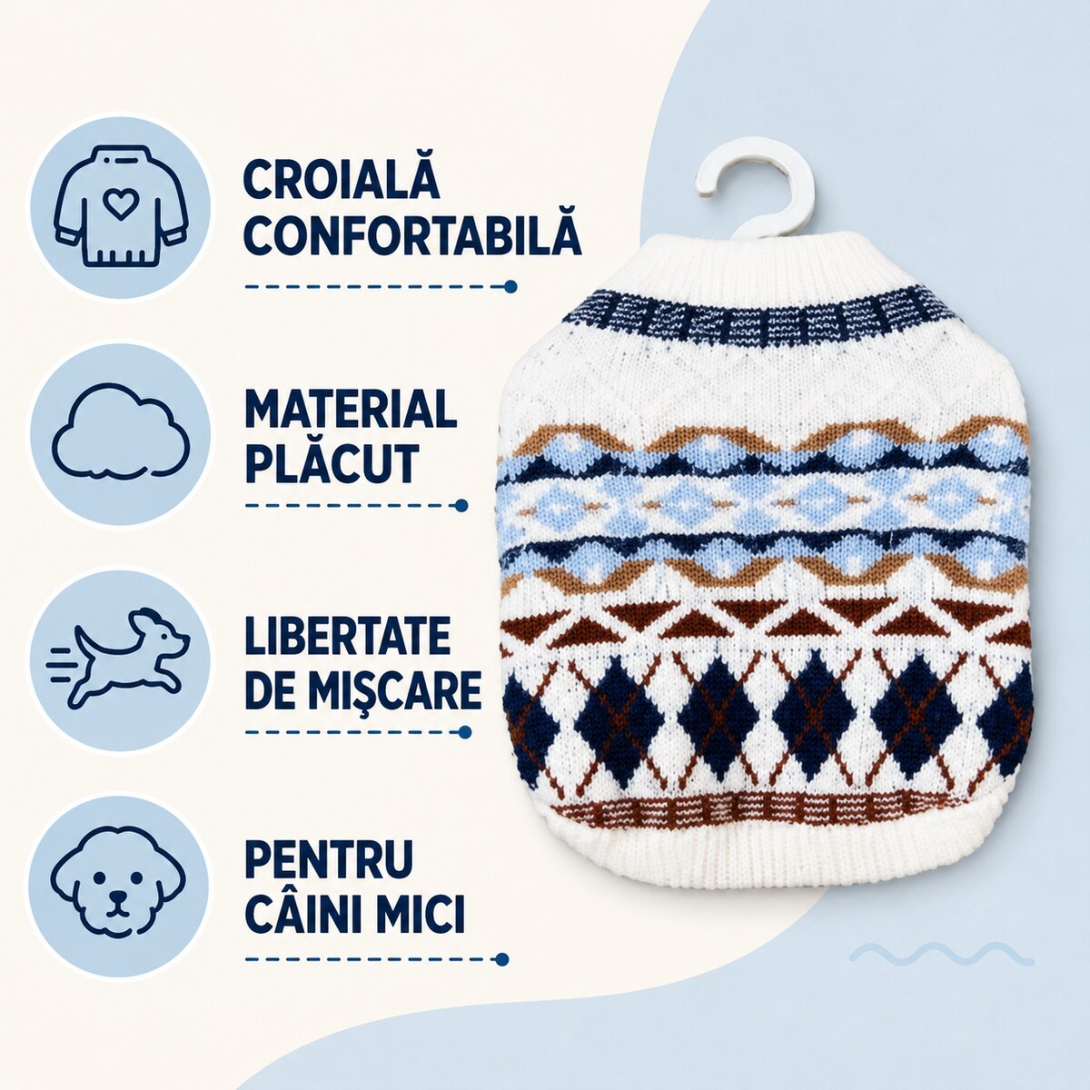 Pulover Tricotat pentru Câini Mici, Model Nordic, Alb-Albastru – imagine 3