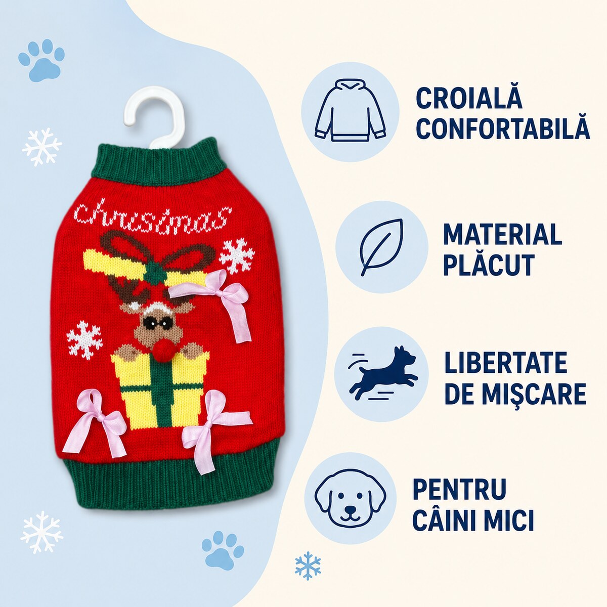 Pulover Tricotat de Crăciun pentru Câini Mici, Cadou, Roșu-Verde – imagine 3