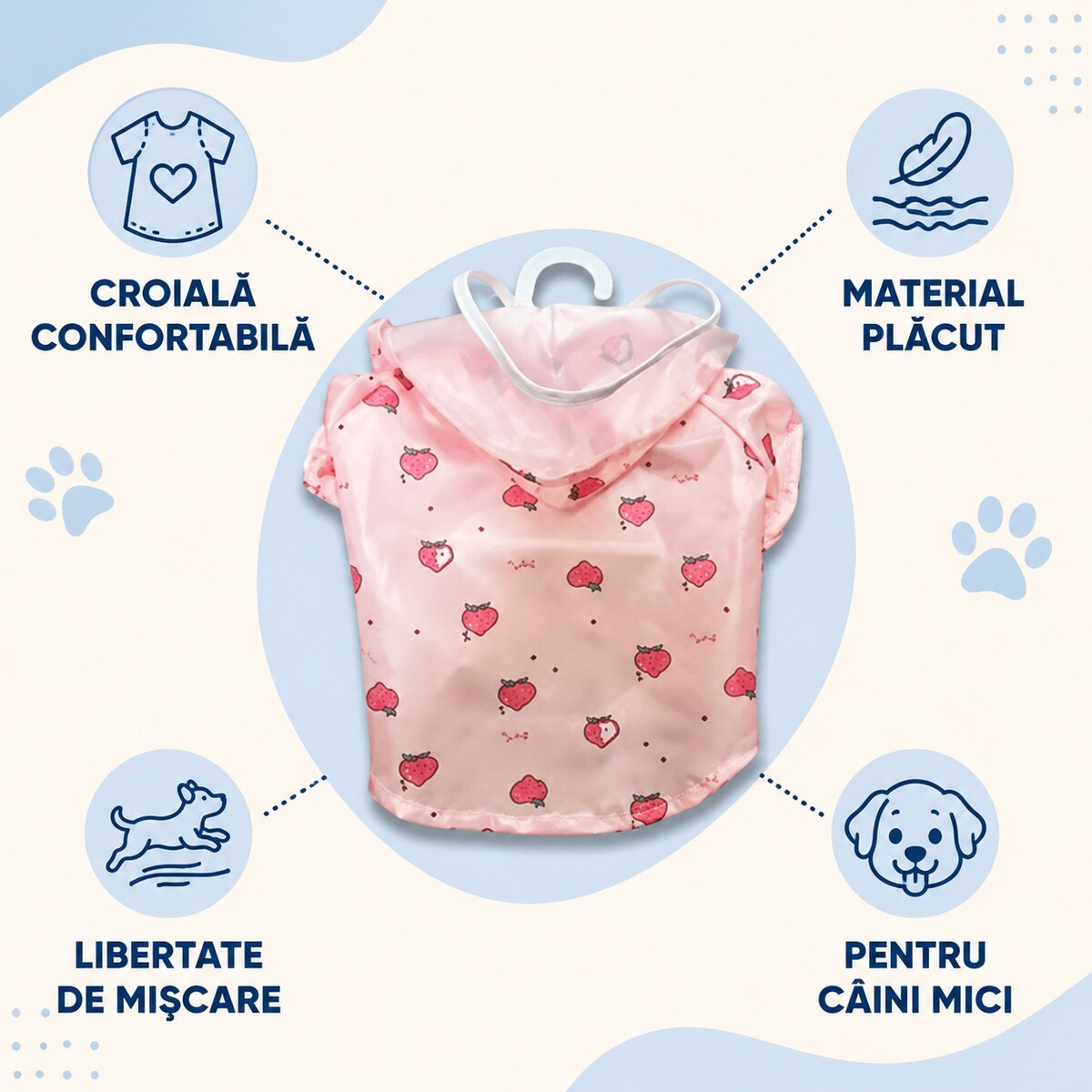 Pelerină Impermeabilă pentru Câini, Model Căpșuni, Roz – imagine 3