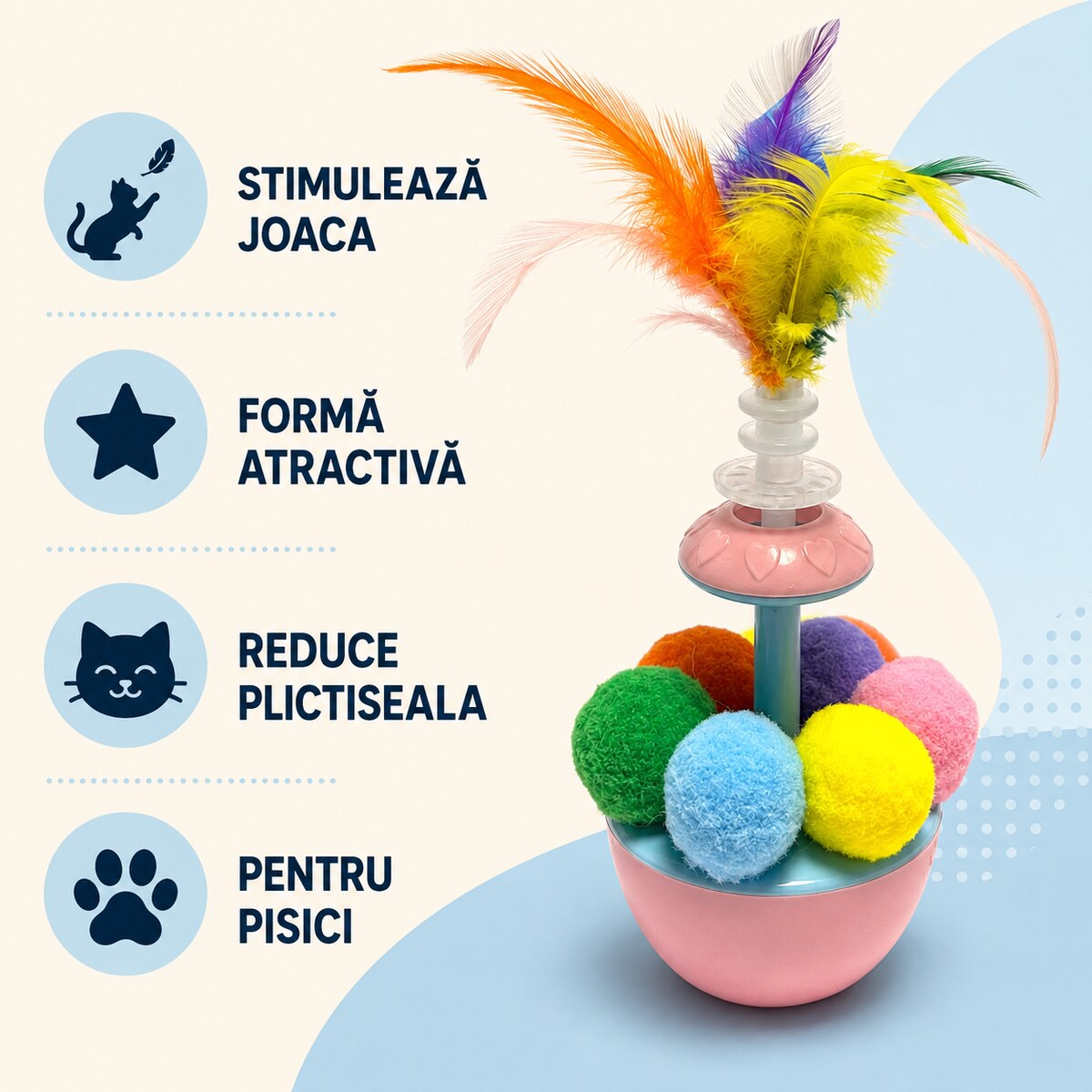 Jucărie Interactivă pentru Pisici cu Pene și Bile, Roz – imagine 3