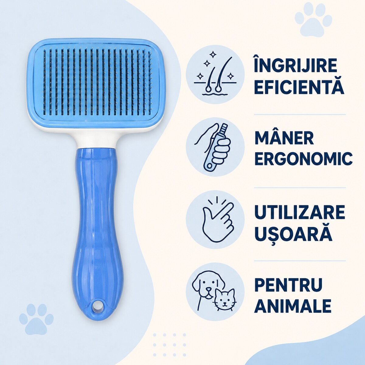 Perie Slicker pentru Câini și Pisici, Mâner Ergonomic, Albastru – imagine 3