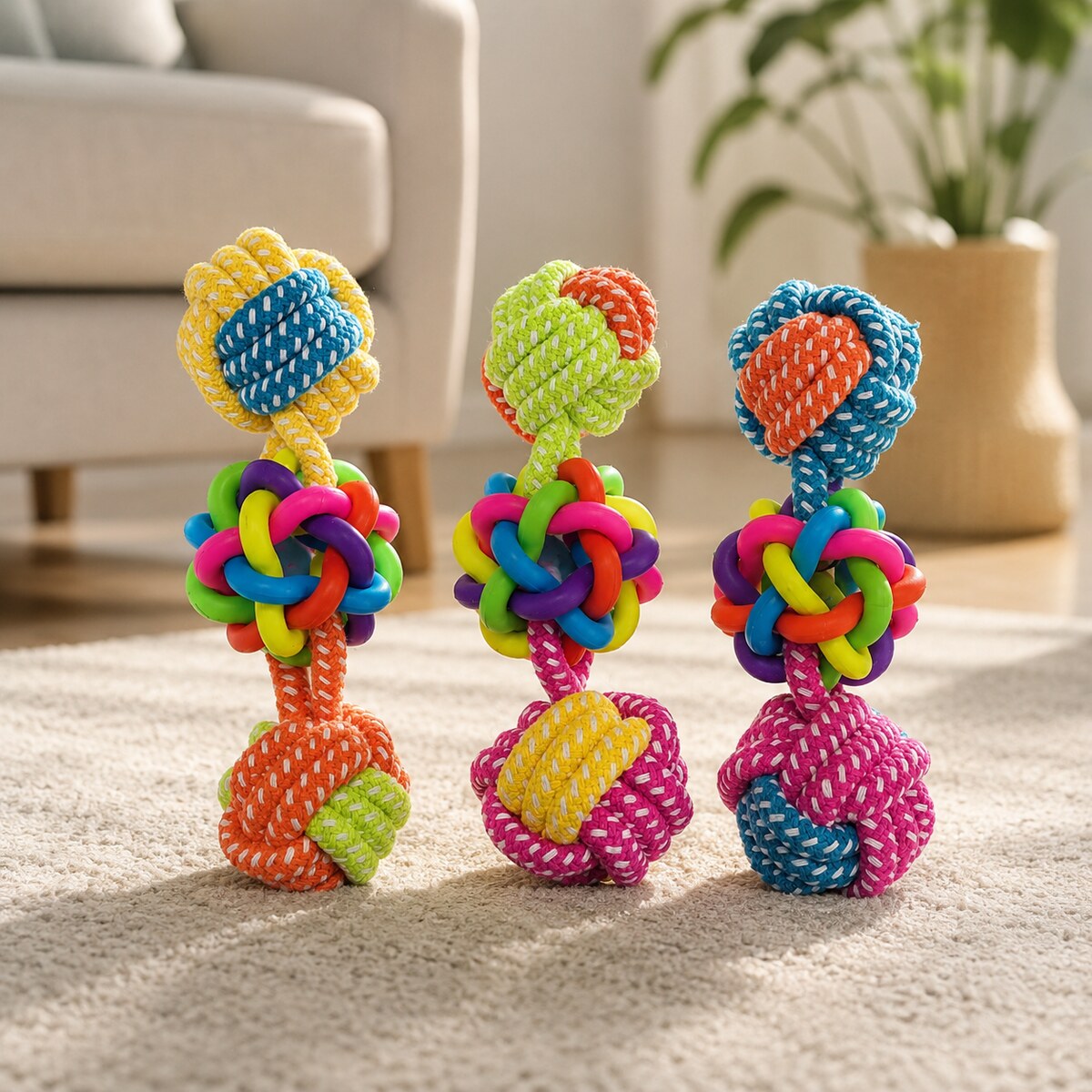 Set 3 Jucării de Ros pentru Câini cu Noduri, Multicolor – imagine 2
