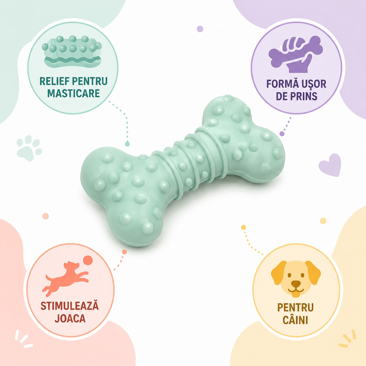 Jucărie Dentară pentru Câini tip Os cu Bumbi, Culori Pastel – imagine 3