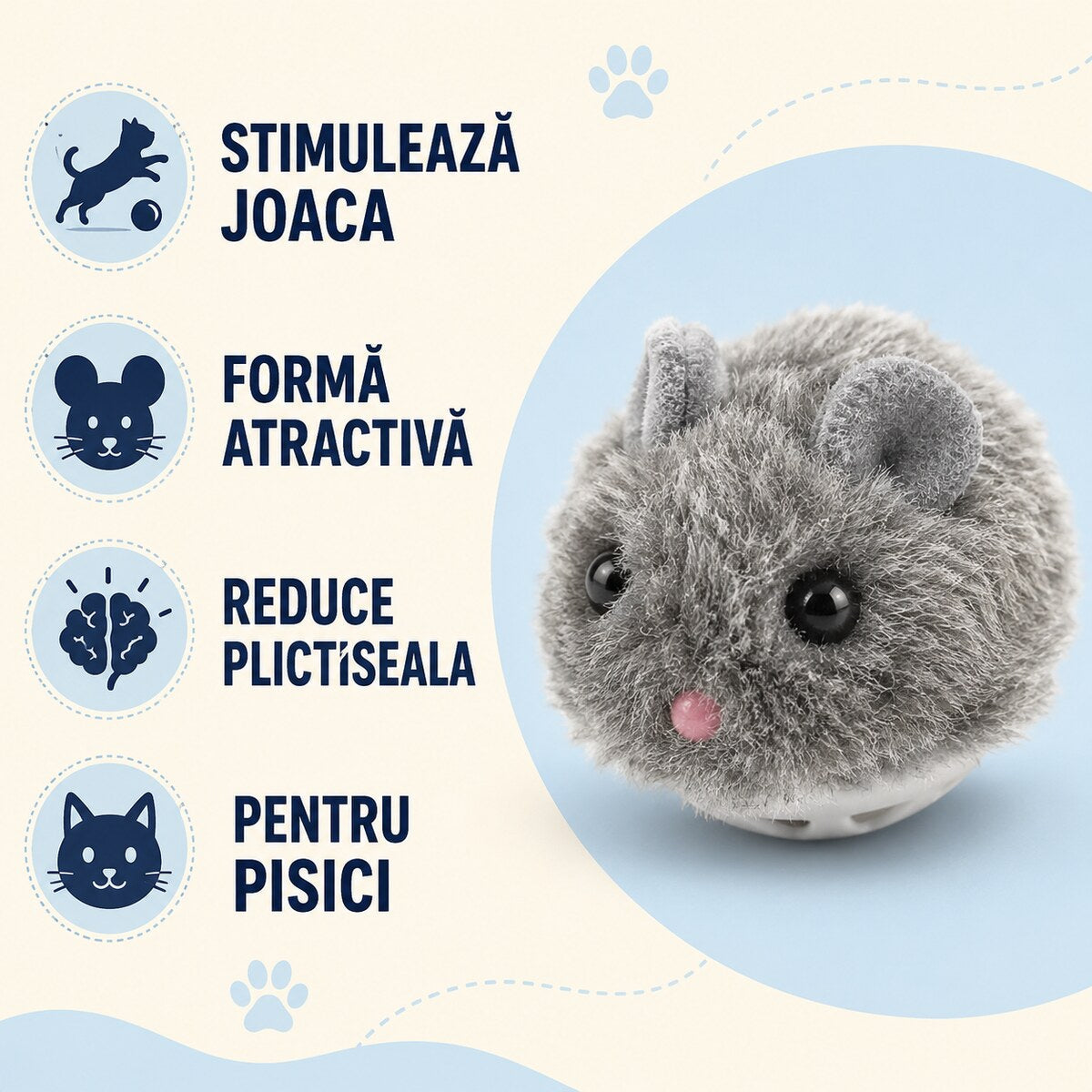 Jucărie Interactivă pentru Pisici, Șoricel Pufos cu Bilă, Gri – imagine 3
