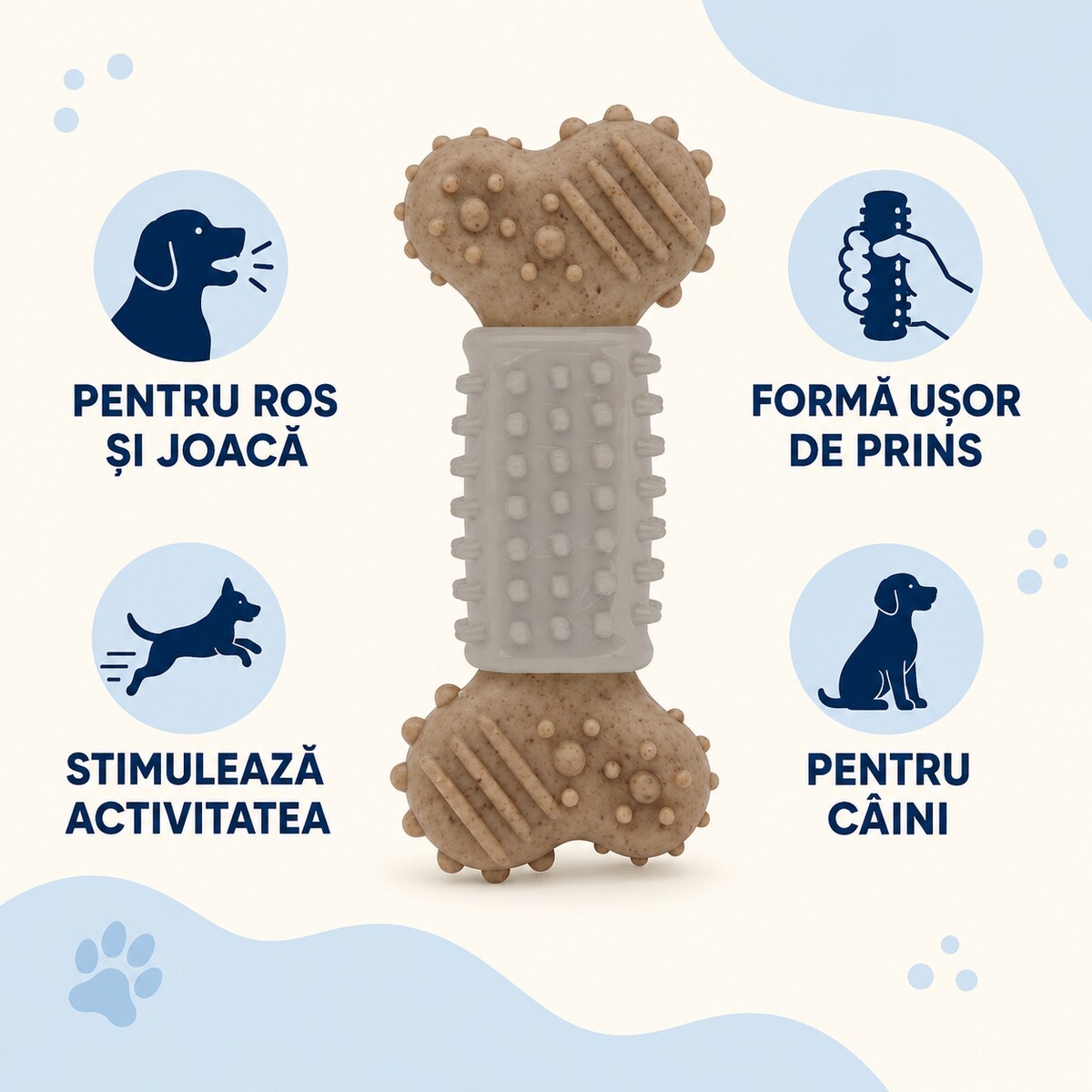 Jucărie Dentară pentru Câini, Os Texturat din Cauciuc, Gri – imagine 3