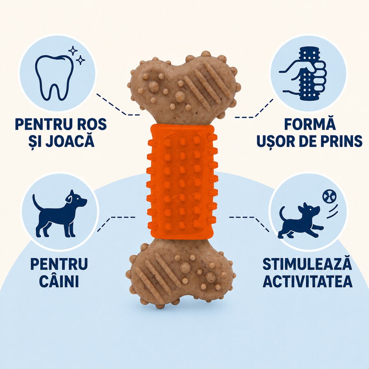 Jucărie Dentară pentru Câini, Os Texturat din Cauciuc, Portocaliu – imagine 3