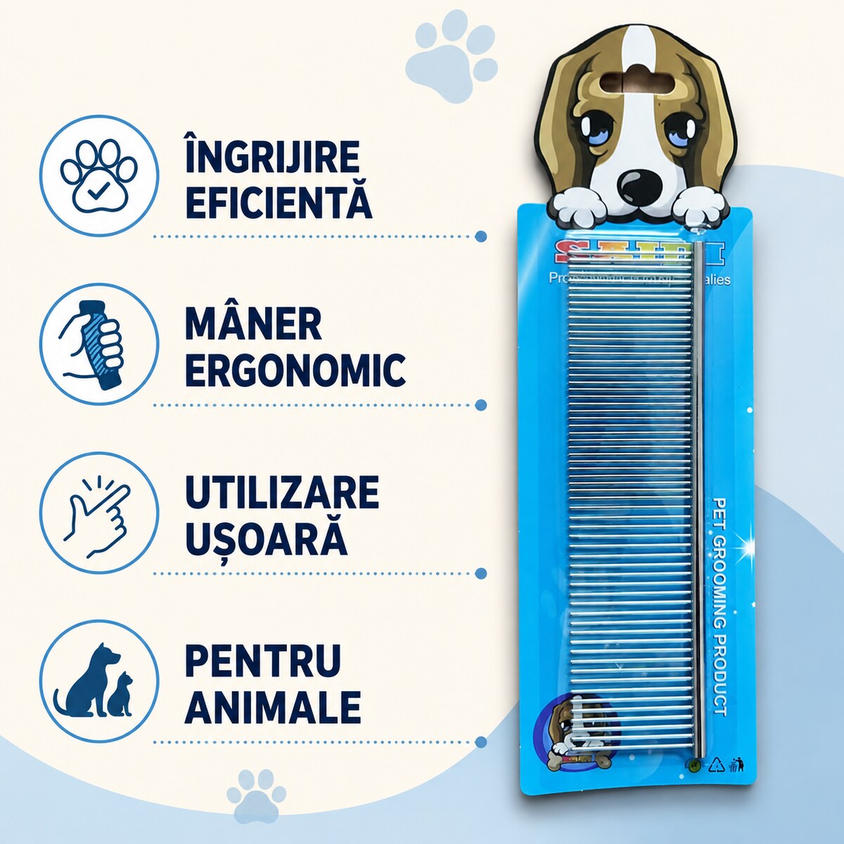 Pieptene Metalic pentru Câini și Pisici, Mâner Antiderapant, Turcoaz – imagine 3