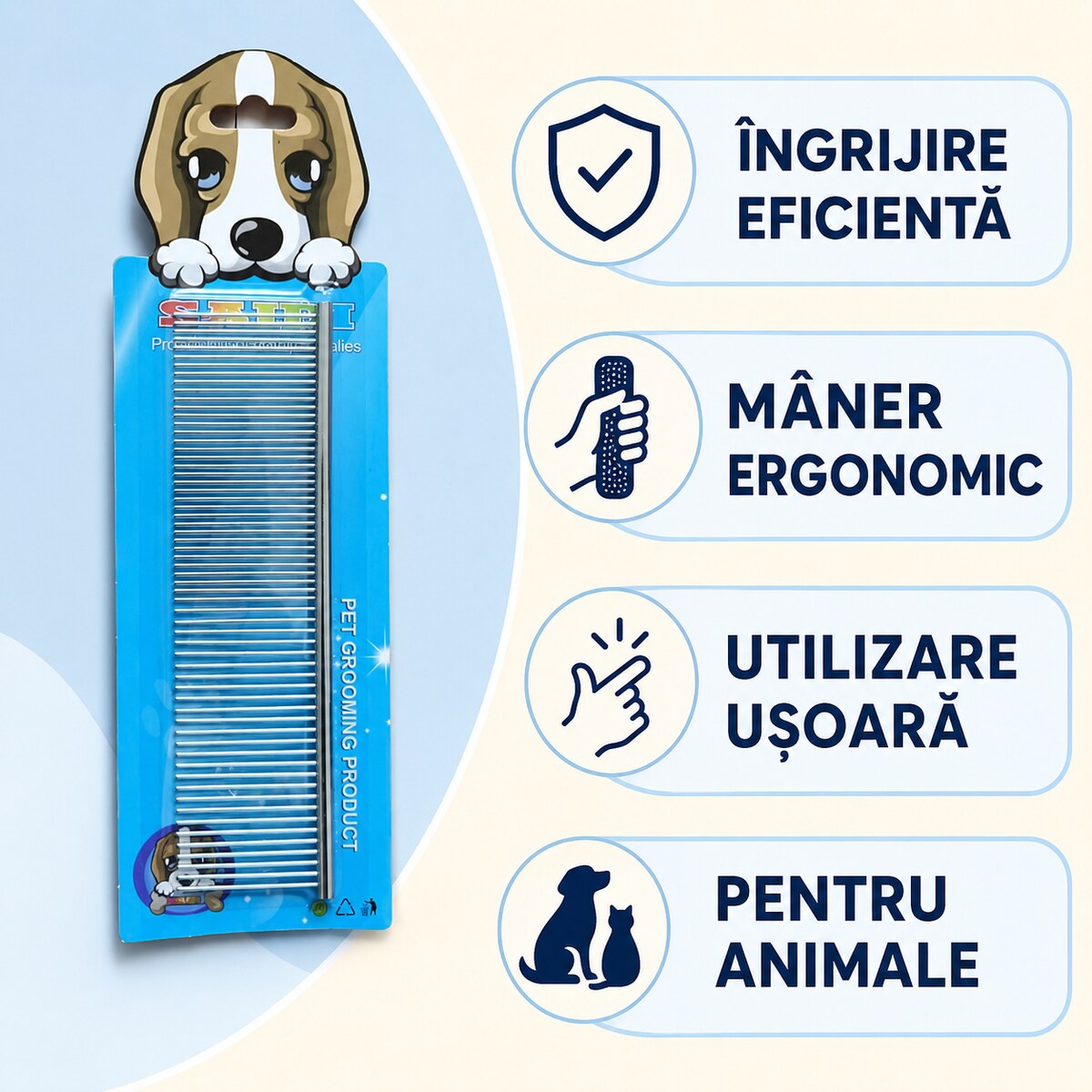 Pieptene Metalic pentru Câini și Pisici, Mâner Antiderapant, Roz – imagine 3