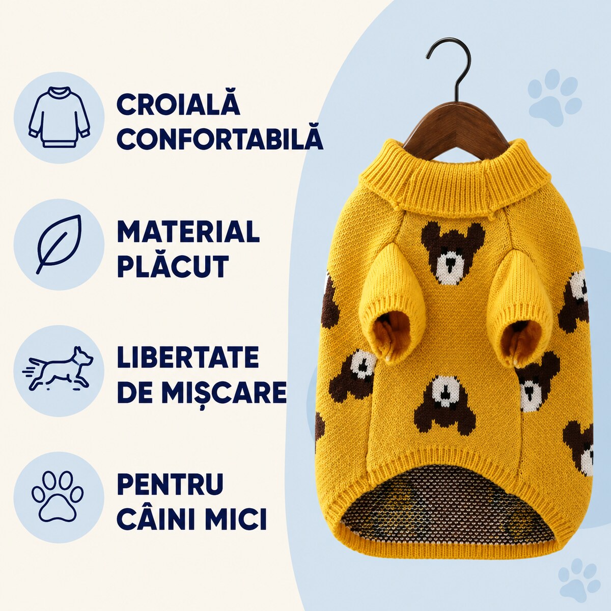 Pulover Tricotat pentru Câini Mici, Model Ursuleți, Galben – imagine 3