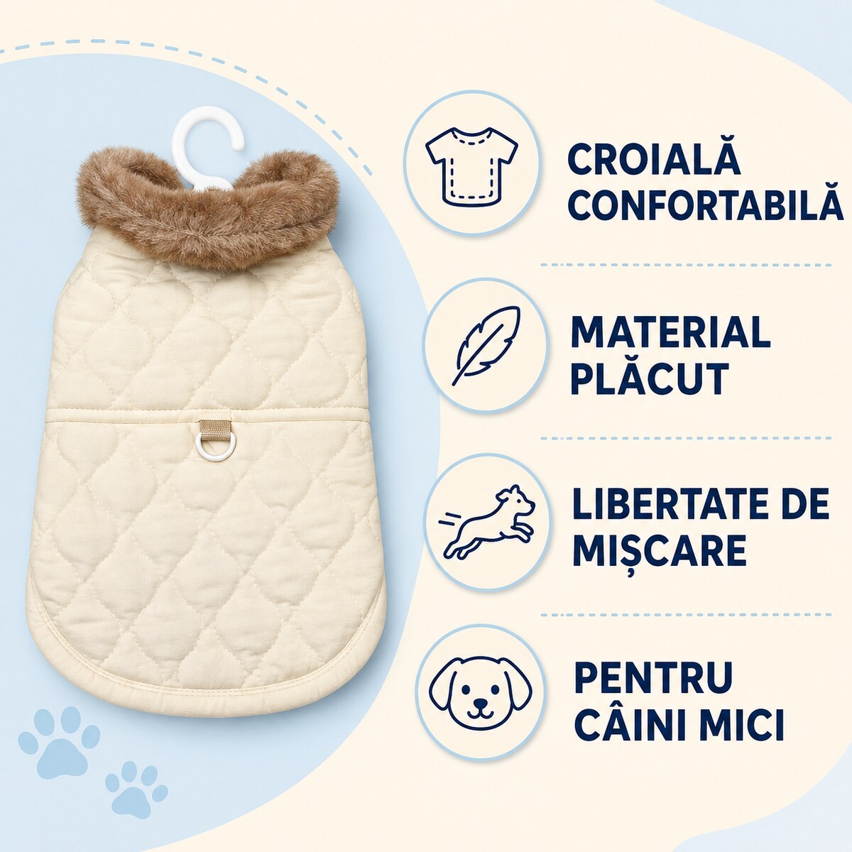 Haină Matlasată pentru Câini Mici cu Guler Pufos, Crem – imagine 3