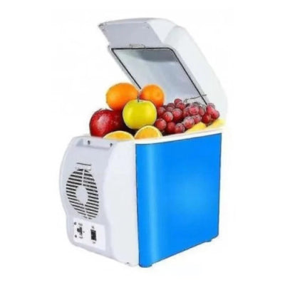 Frigider auto portabil, 12V, capacitate 7.5 l, functie de racire si incalzire, dimensiunea exterioara 27 cm x 32 cm x 17, 5 cm, dimensiuni interioare 19, 5 cm x 21 cm x 15 cm, alb/albastru