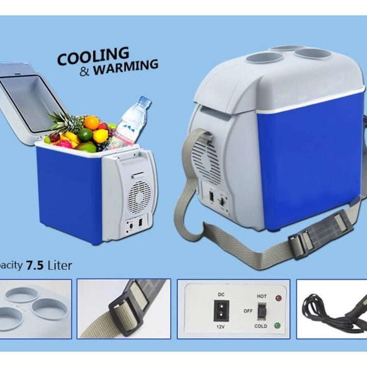 Frigider auto portabil, 12V, capacitate 7.5 l, functie de racire si incalzire, dimensiunea exterioara 27 cm x 32 cm x 17, 5 cm, dimensiuni interioare 19, 5 cm x 21 cm x 15 cm, alb/albastru