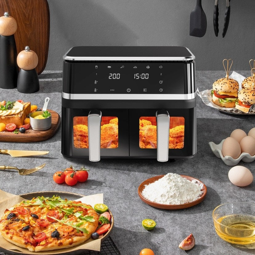 Friteuza Air Frier, cu 2 cuve de 4 si 7L, putere 2800W, control digital cu ecran LCD și panou tactil, suport antiaderent, negru