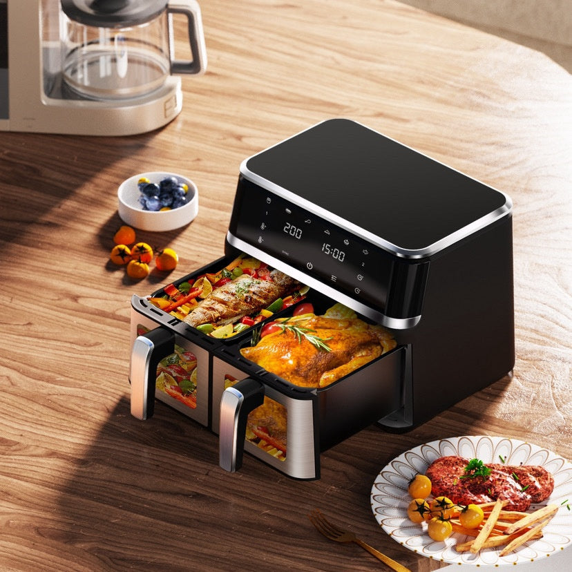 Friteuza Air Frier, cu 2 cuve de 4 si 7L, putere 2800W, control digital cu ecran LCD și panou tactil, suport antiaderent, negru