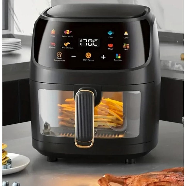 Friteuza cu aer cald, capacitate 8 L, putere 2400W, afișaj digital, cos transparent, cu 6 meniuri presetate, negru