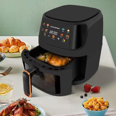 Friteuza cu aer cald, capacitate 8 L, putere 2400W, afișaj digital, cos transparent, cu 6 meniuri presetate, negru
