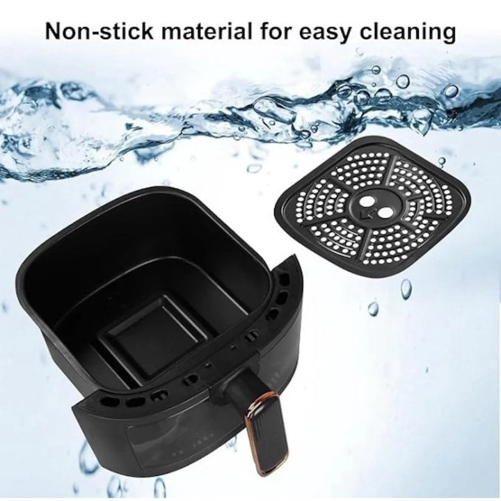 Friteuza cu aer cald, capacitate 8 L, putere 2400W, afișaj digital, cos transparent, cu 6 meniuri presetate, negru