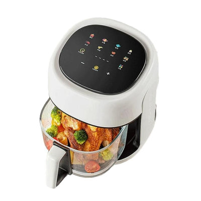 Friteuza cu aer cald, suprafata de gatit antiaderenta, control cu termostat reglabil, recipient de ulei detasabil, protectie impotriva supraincalzirii, cu indicator luminos, afisaj LCD, capacitate 8.5L, alb/negru
