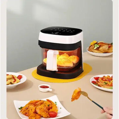 Friteuza cu aer cald, suprafata de gatit antiaderenta, control cu termostat reglabil, recipient de ulei detasabil, protectie impotriva supraincalzirii, cu indicator luminos, afisaj LCD, capacitate 8.5L, alb/negru
